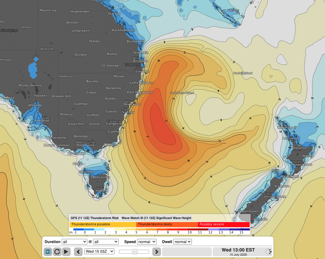 WaveWatch III model run of significant wave height showing a very large swell, reaching 8m, generated by a Tasman Low off the NSW coast on Wednesday