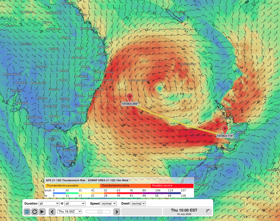 GFS model run of 10m wind showing a broad area of E/SE wind stretching about 1500km from the New Zealand towards Australia which will bring a renewal in swell energy later in the week