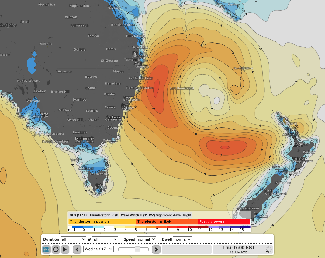 WaveWatch III model of significant wave height showing the large swell generated by an extensive fetch of E/SE winds between New Zealand and Australia. This swell will be smaller in size when it reaches our coast, but should provide more manageable surf for experienced boardriders