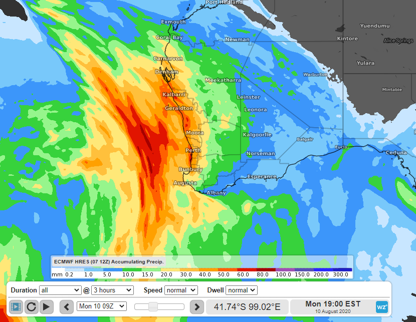 Rainfall forecast to accumulate by 5pm AWST on Monday, according to the ECMWF Friday 12z run.