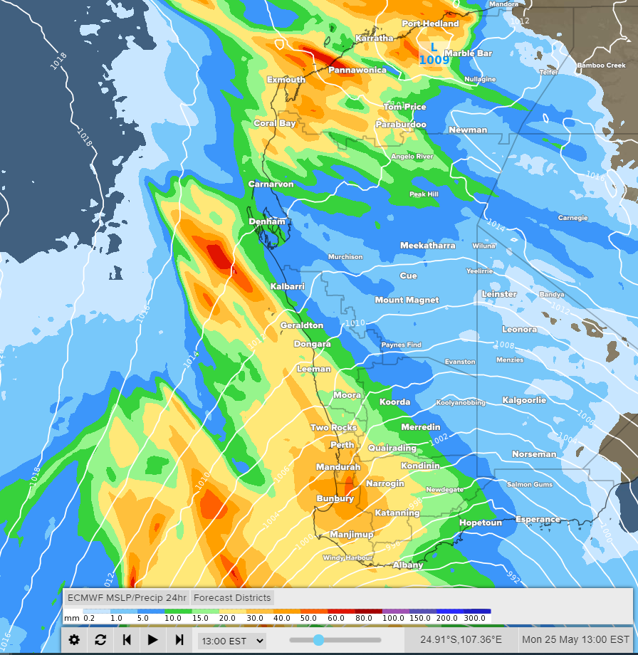 Image: Forecast accumulated 24-hour rainfall and mean sea level pressure on Monday morning, according to the ECMWF-HRES model.