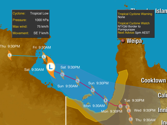 Tropical Cyclone Track map showing the current position of the tropical low over the western Gulf of Carpentaria, and its east-southeasterly movement into the southeastern portion of the Gulf, potentially briefly reaching Category 1 Tropical Cyclone strength on Sunday night/Monday morning, and crossing the coast on Monday.