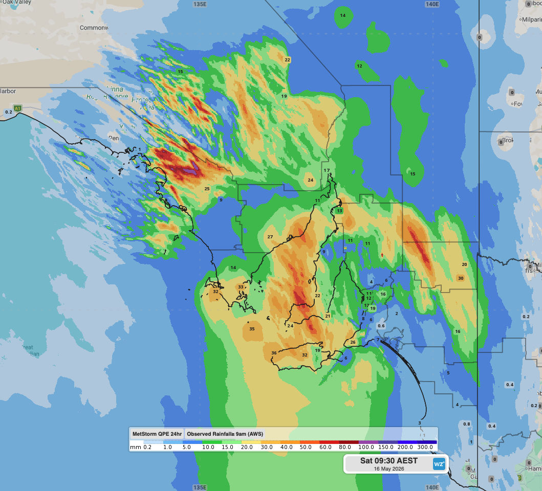 Quantitative Precipitation Estimates (QPE) and rainfall observations to 9am ACST on Saturday, 16 May 2026. Source: DTN