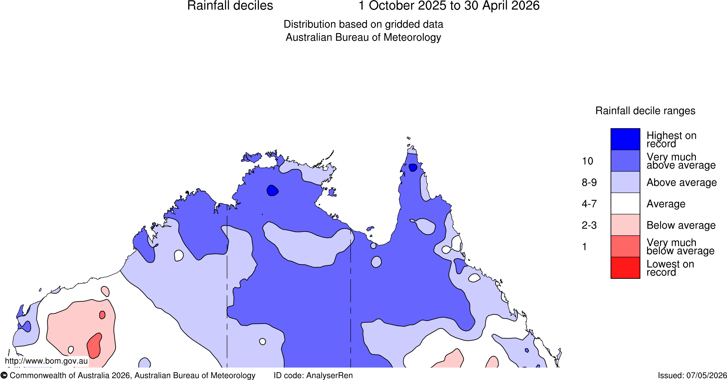 Rainfall deciles between October 1, 2025, and April 30, 2026. Source: Bureau of Meteorology.