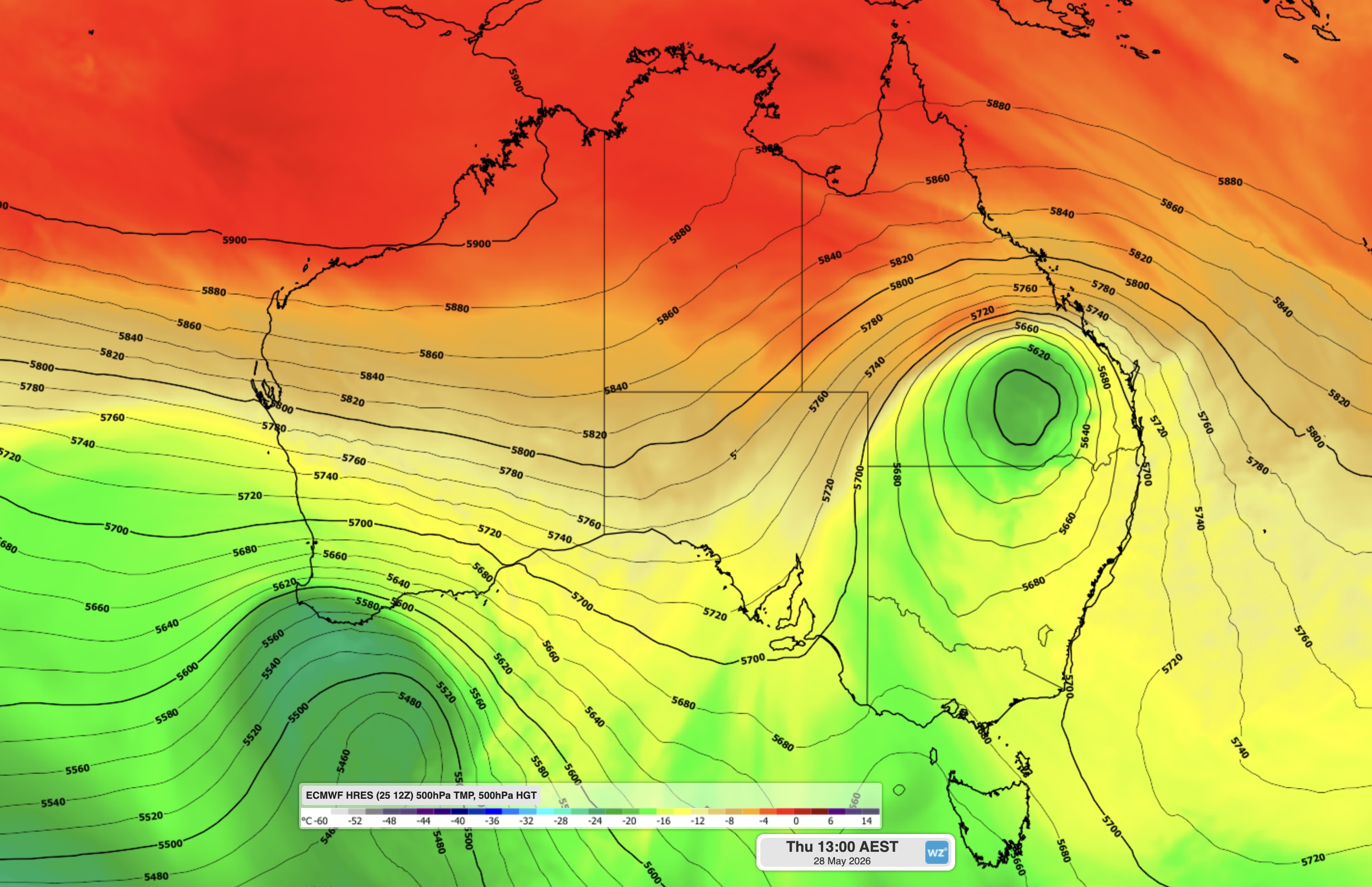 500 hPa chart showing predicted pressure about five to six kilometres up into the atmosphere over Australia for this Thursday, May 28, 2026, with the position of the cut-off low evident over southern Qld. Source: Weatherzone