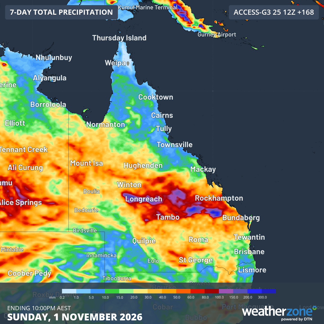 Forecast accumulated rain during the 7 days ending at 10 pm AEST on Sunday, November 1, 2026, according to the ACCESS-G model. Source: Weatherzone.