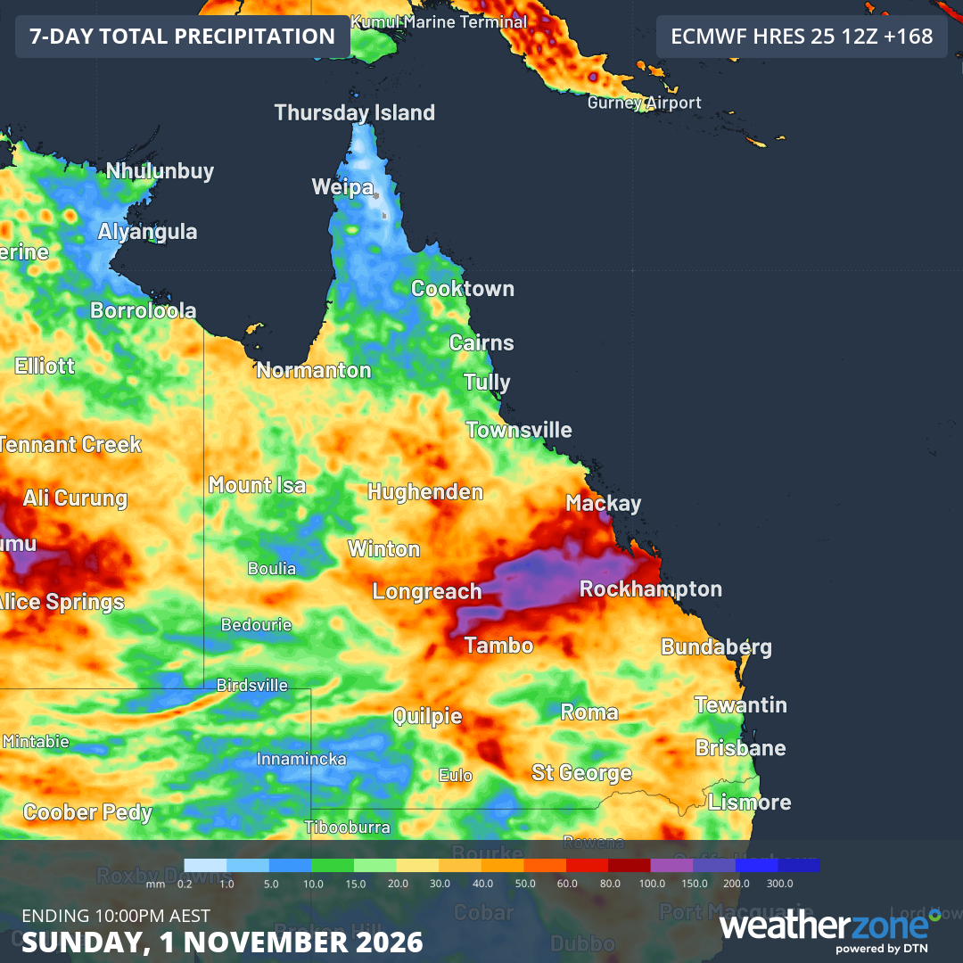 Forecast accumulated rain during the 7 days ending at 10 pm AEST on Sunday, November 1, 2026, according to the ECMWF model. Source: Weatherzone.