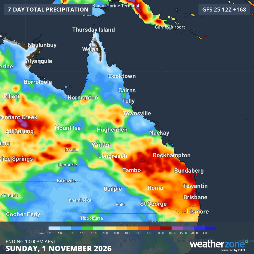 Forecast accumulated rain during the 7 days ending at 10 pm AEST on Sunday, November 1, 2026, according to the GFS model. Source: Weatherzone.
