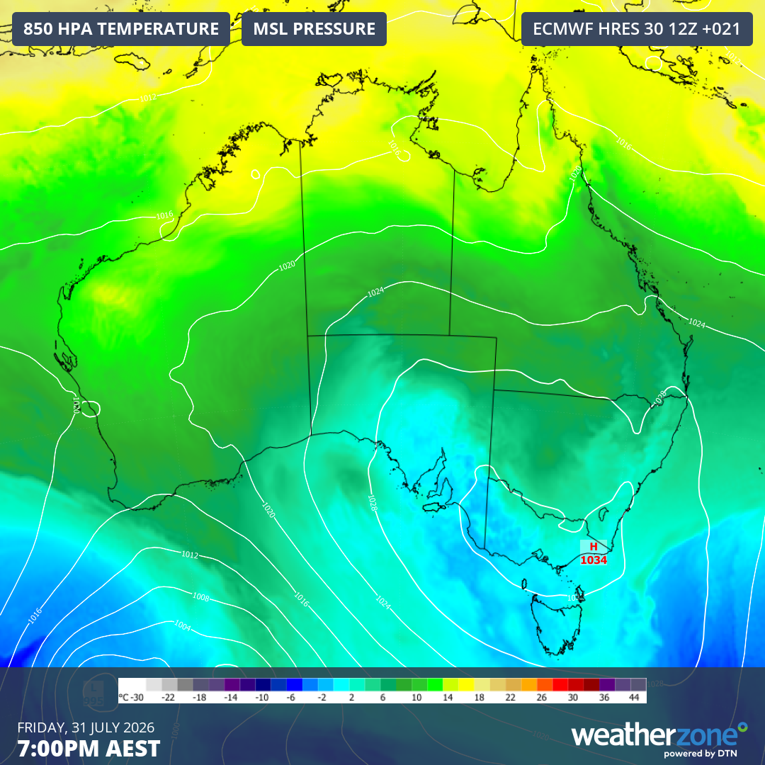 850 hPa temperatures and mean sea level pressure predicted for 7 pm this Friday, July 31, 2026, showing the high centred over SE Australia enabling stable conditions across much of the region.