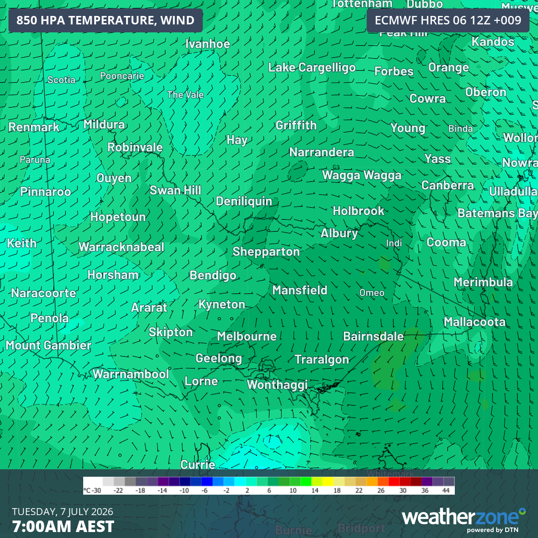 850 hPa temperature and wind for Victoria at 7 am (AEST) on Tuesday, July 7, 2026. Source: Weatherzone