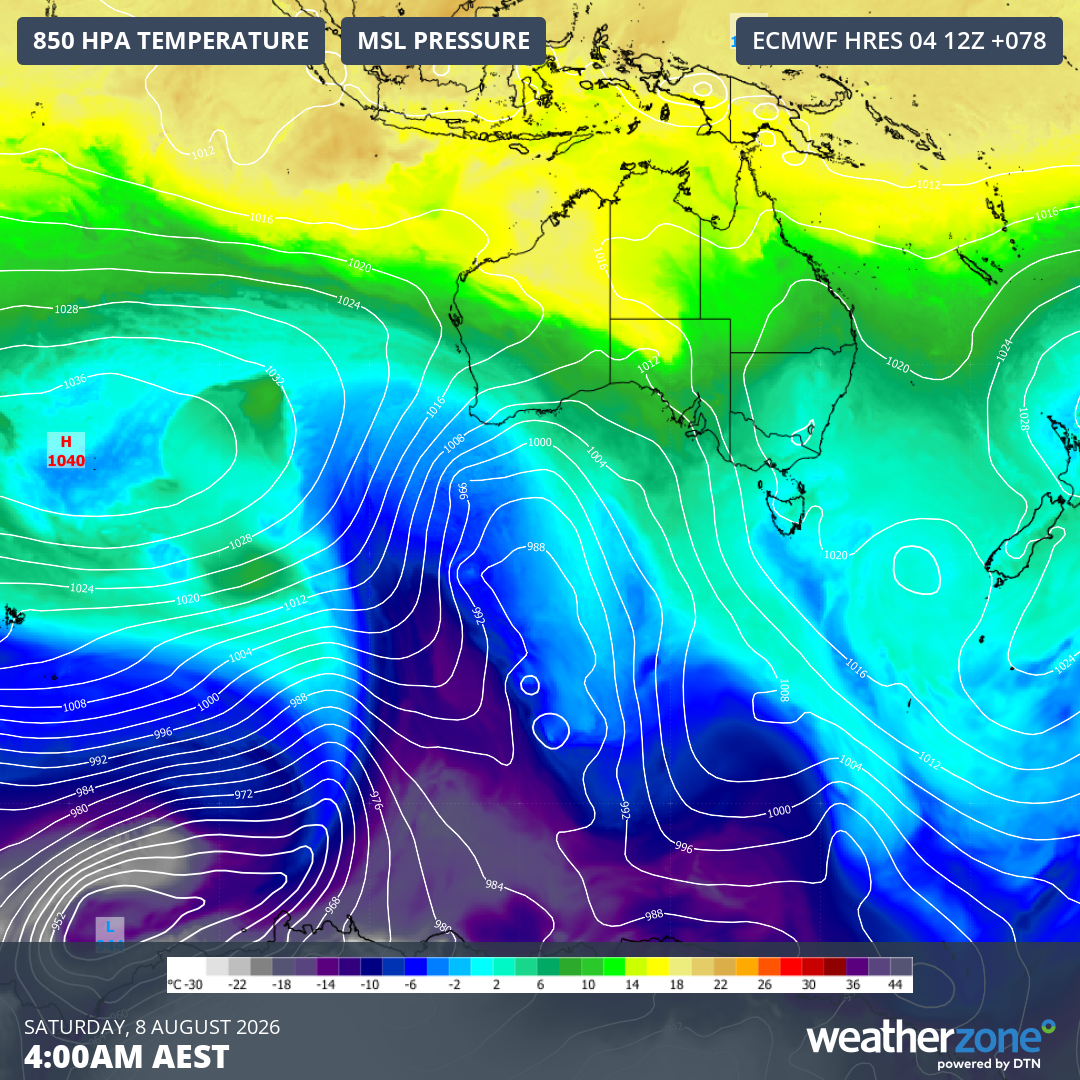 850 hPa temperature and mean sea level pressure on the morning of Saturday, August 8, showing a cold air mass reaching southwestern Australia as a complex low pressure system passes to the south of the country. Source: Weatherzone.