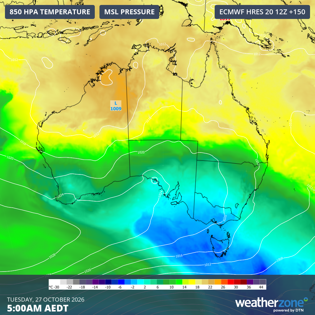 Forecast 850 hPa temperature and mean sea level pressure over Australia on Tuesday, October 27, 2026, showing cold air spreading over Tasmania. Source: Weatherzone.