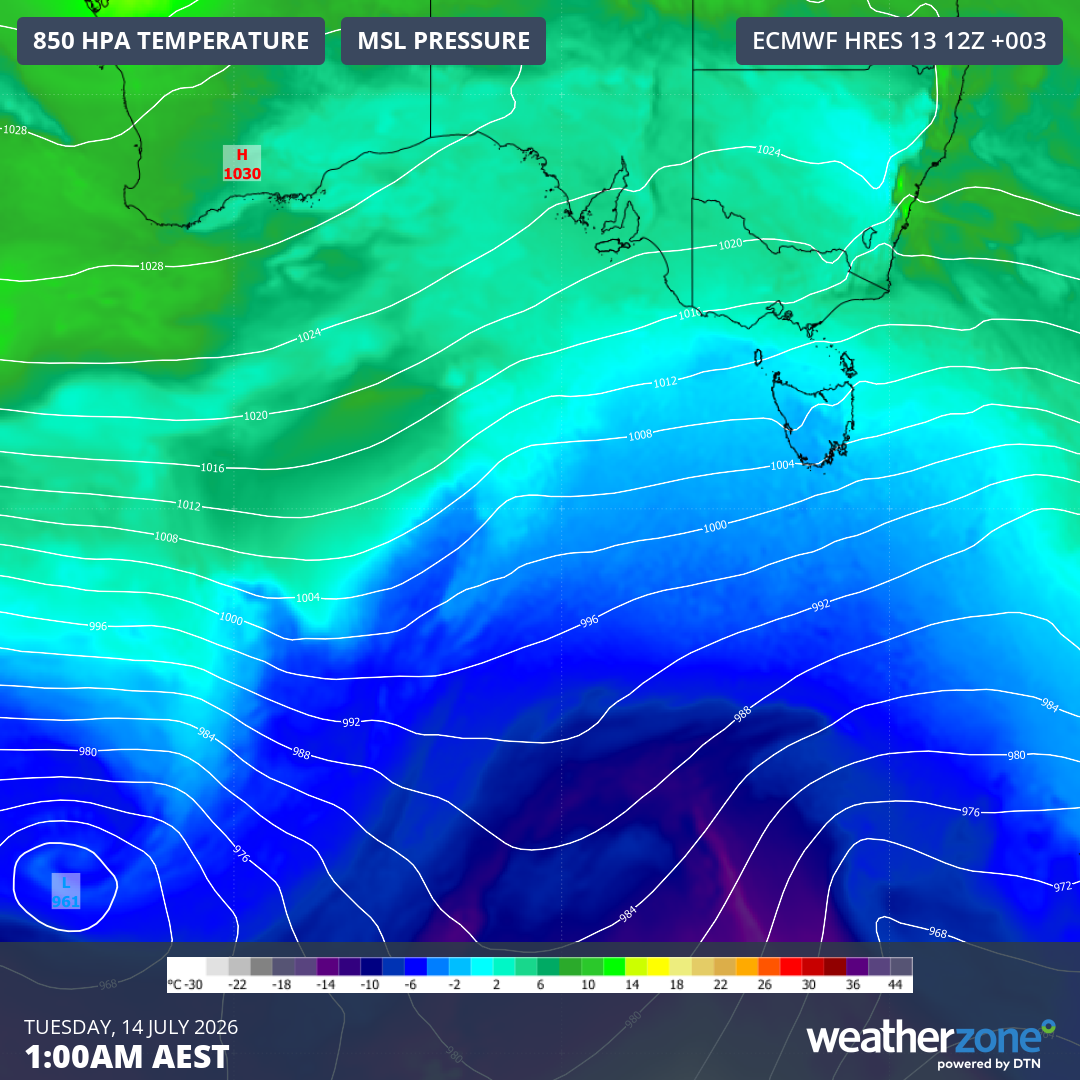 850 hPa temperatures and mean sea level pressure over southern Australia and nearby waters at 1 am (AEST) on July 14, 2026. Source: Weatherzone