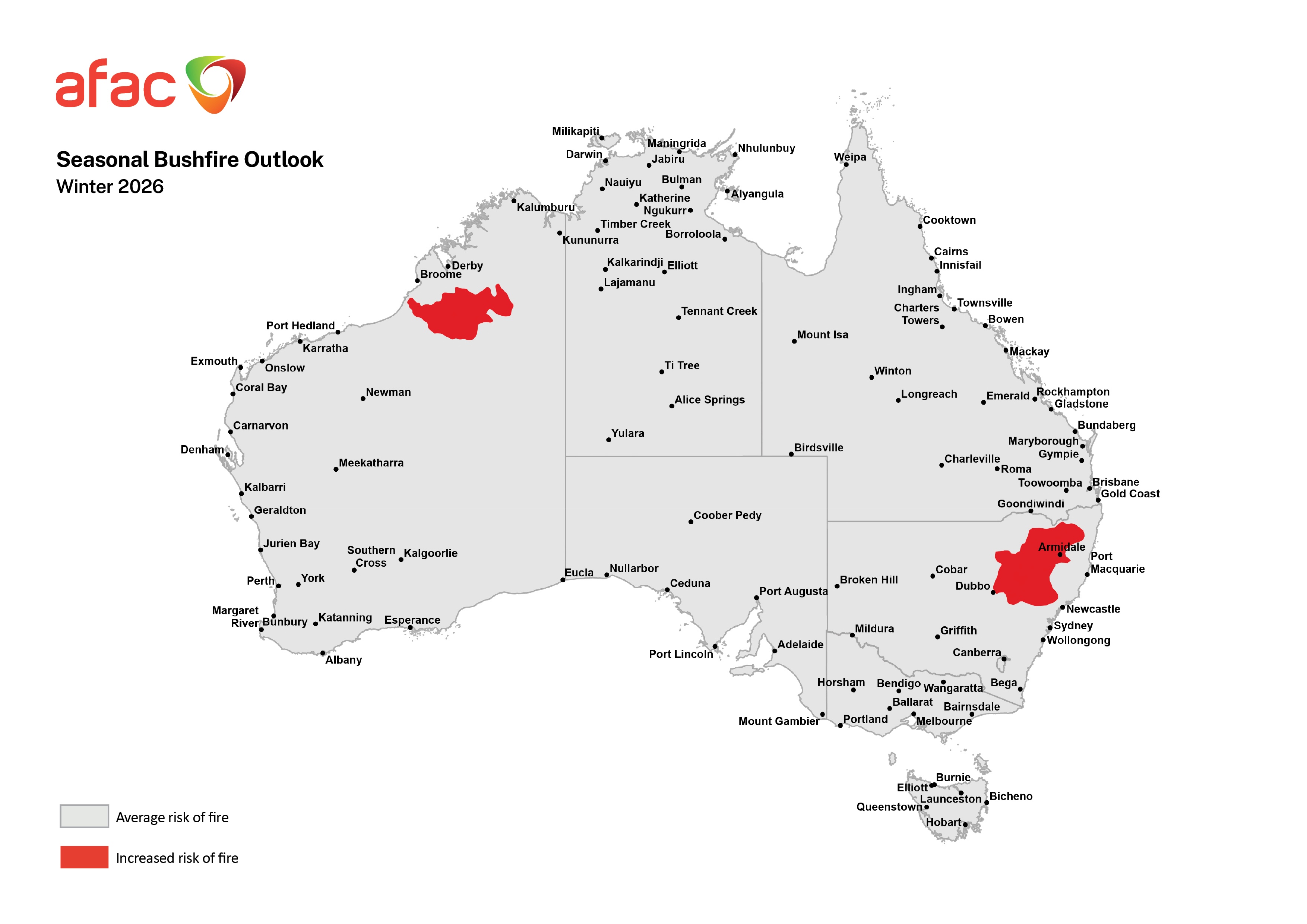 Winter 2026 seasonal bushfire outlook. Source: AFAC