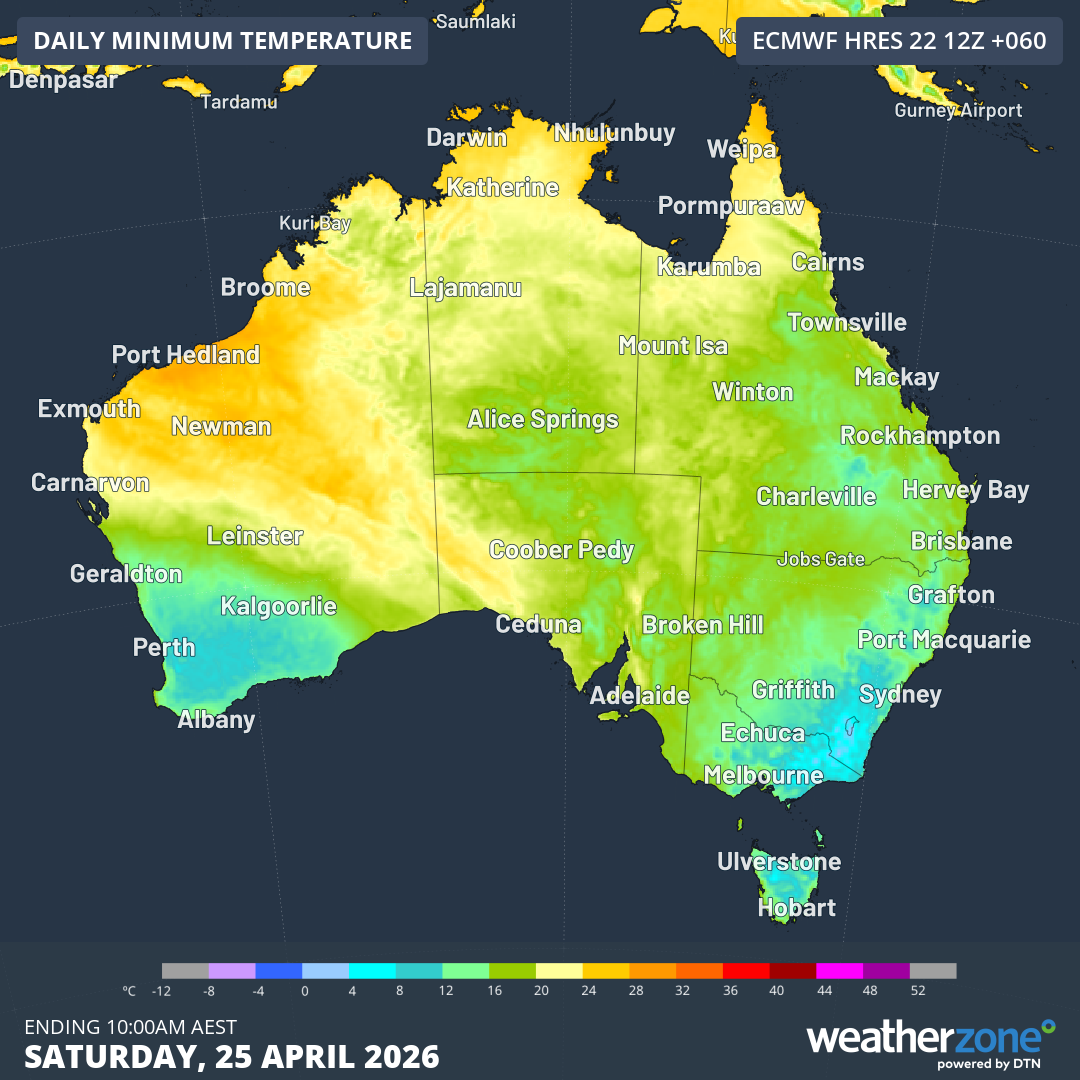 Forecast minimums according to the ECMWF model for Anzac Day this Saturday, April 25, 2026. Source: Weatherzone