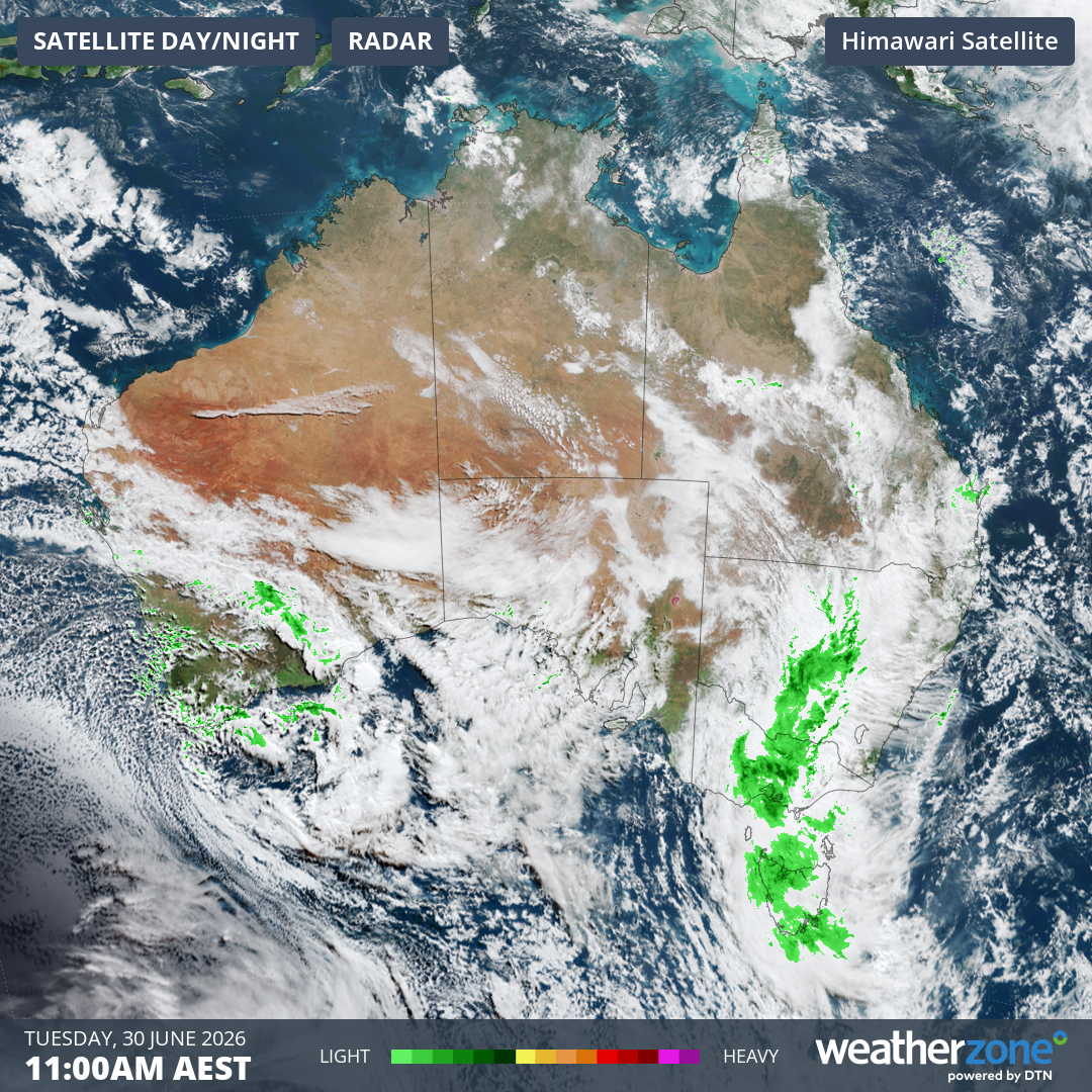 Combined radar and satellite image for Australia at 11 am (AEST) on Tuesday, June 30, 2026, showing the rainband crossing NSW, Vic and Tas. Source: Weatherzone