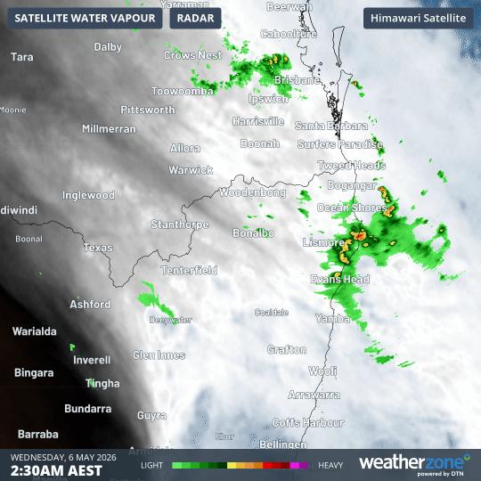 Image: Radar loop with atmospheric water vapour for the NSW North Coast and nearby areas in the early hours of Wednesday, May 6, 2026.