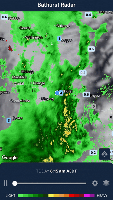 Early morning rainfall over the Bathurst area has mostly cleared out on Saturday, October 10, 2026, as seen on the Weatherzone App radar.
