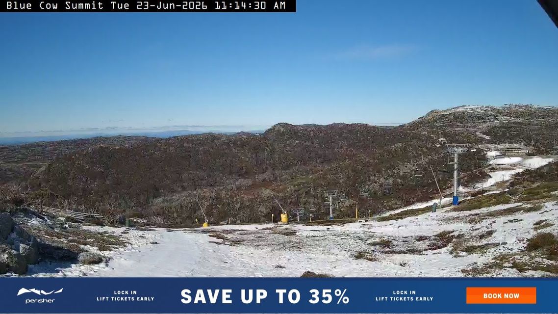 Minimal natural snow up high at Blue Cow ski area, part of Perisher resort. Thankfully, a string of cold nights is allowing snowmaking on many slopes at Australian ski resorts, enabling at least some skiing and snowboarding for the forthcoming school holidays. Source: ski.com.au.