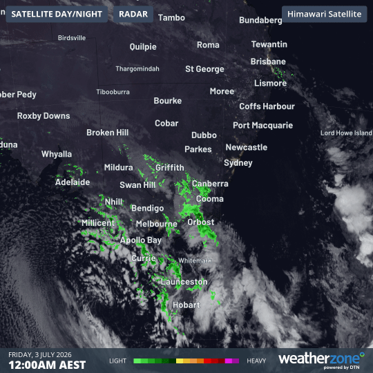 Combined satellite and radar loop for SE Australia the eight hours to 8am (AEST) on Friday, July 3, 2026. Source: Weatherzone