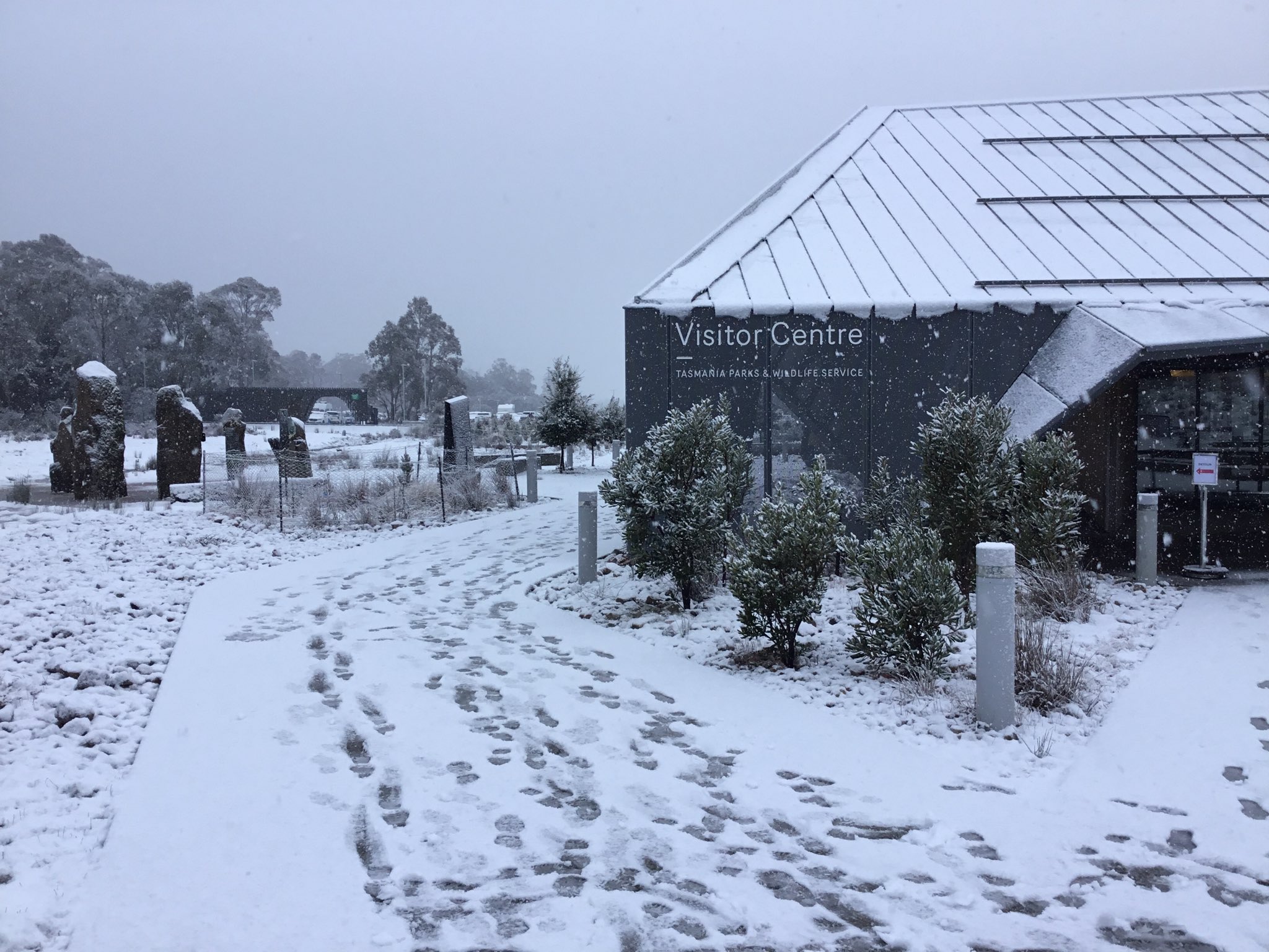 Footsteps in the snow at Cradle Mountain Visitor Centre, Tasmania, on July 14, 2026. Source: Mike Pole