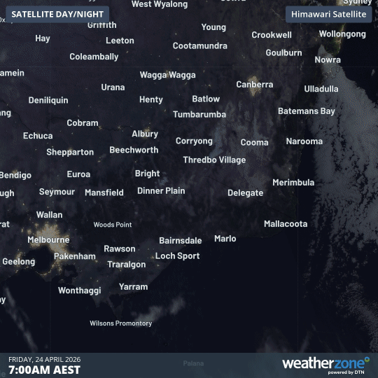 Two-hour satellite loop for eastern Victoria and southeastern NSW on the morning of Friday April 24, 2026. Source: Weatherzone