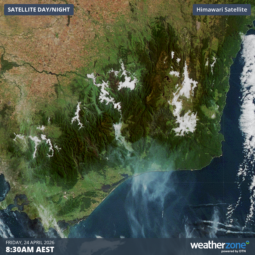Fog at 8:30am on Friday, April 24, 2026, in eastern Victoria and southeastern NSW. Source: Weatherzone