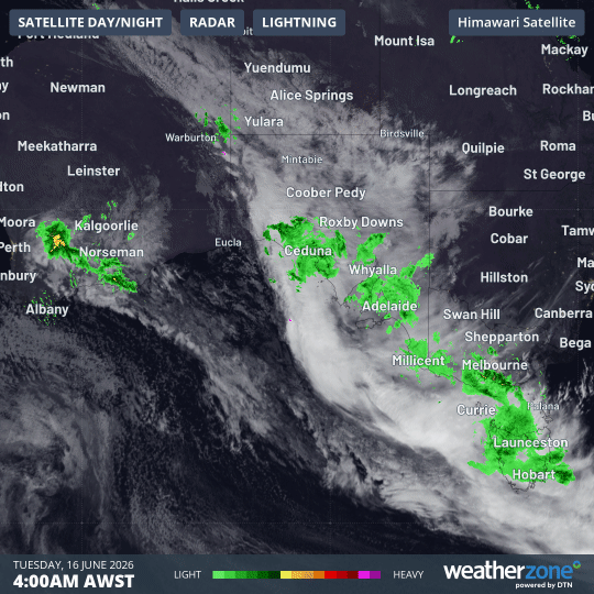 6-hour combined satellite and radar for parts of Australia near the Great Australian Bight to 10 am (AWST) on Tuesday, June 16, 2026.