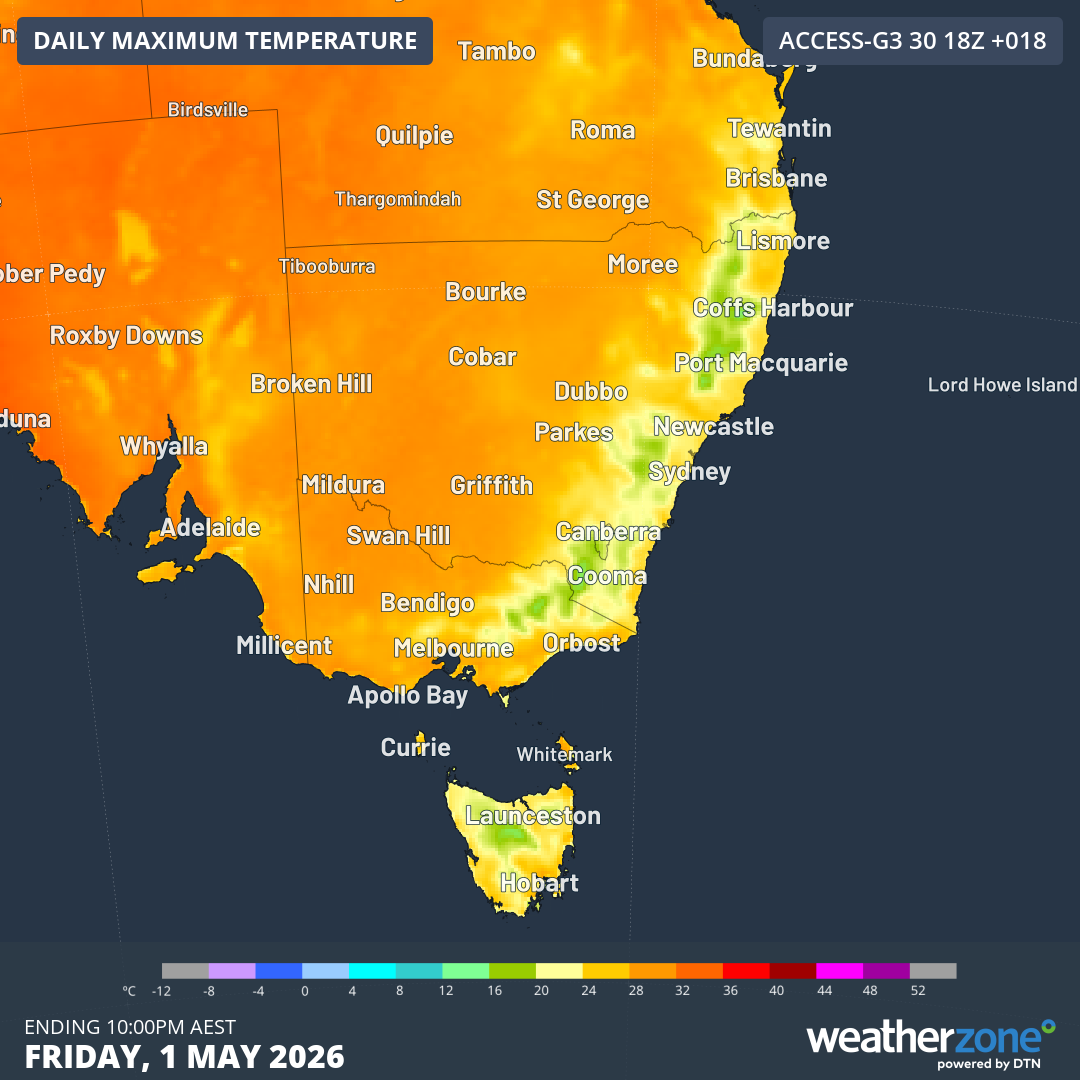 Maximum temperature map for SE Australia for Friday, May 1, 2026, showing an unusually large extent of yellow and orange (maximums in the mid-to-high 20s or even low 30s) for late autumn. Source: Weatherzone