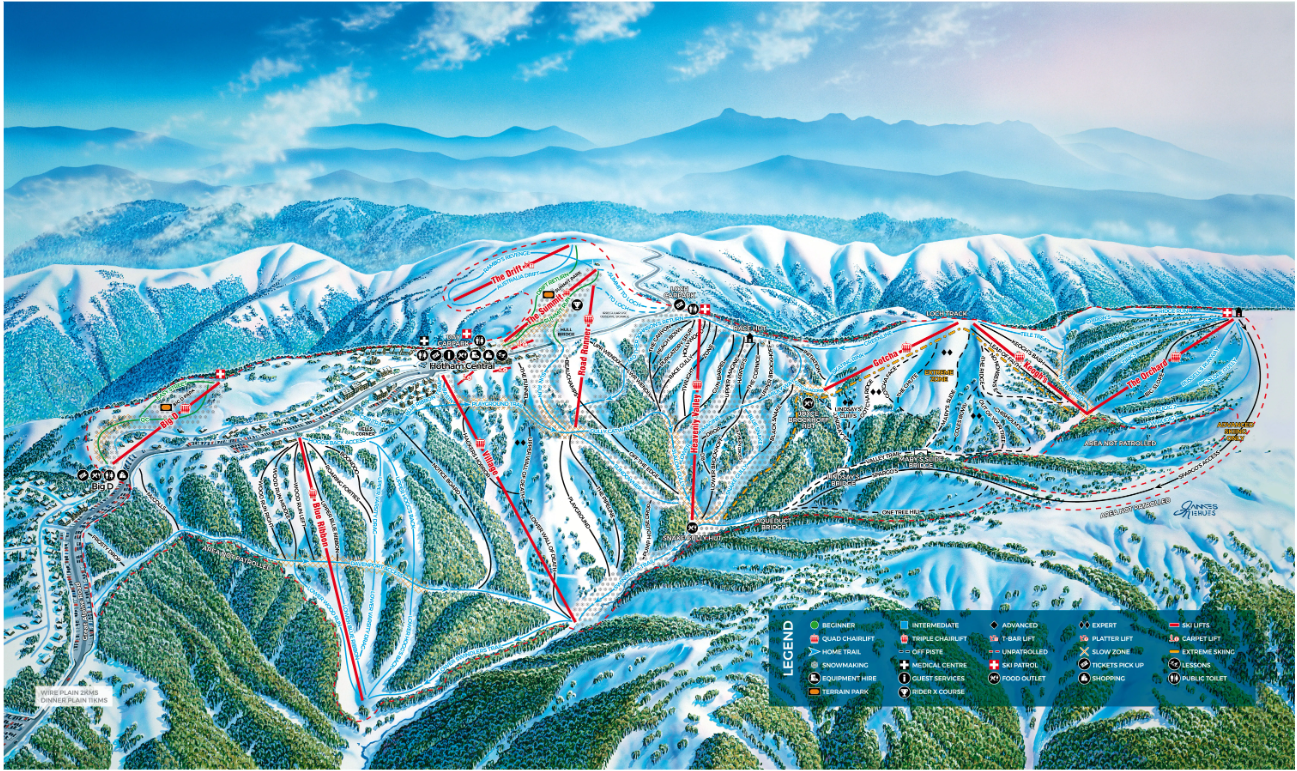 The Mt Hotham trail map, with snowmaking terrain indicated by trails with an array of little snowflake icons. Source: Mthotham.com.au