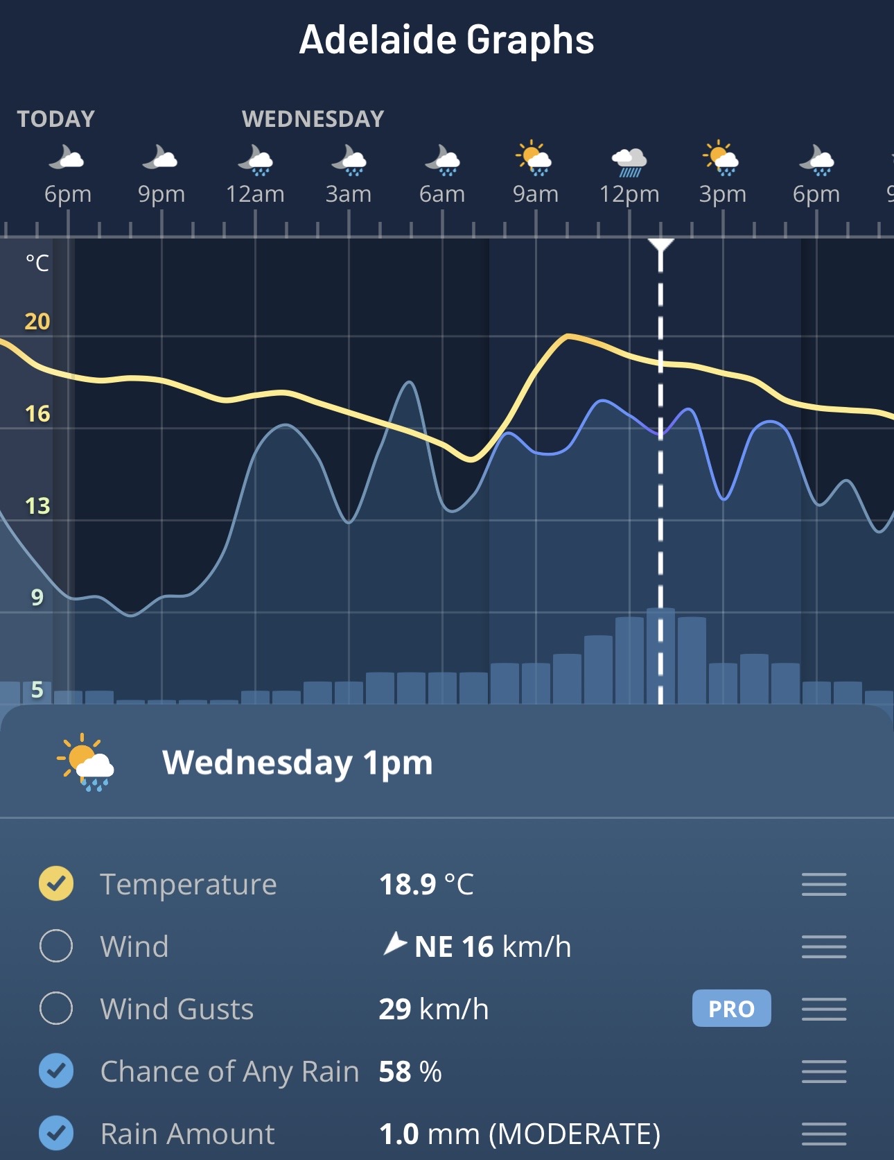 Hourly graphs for Adelaide, SA, on the Weatherzone app.