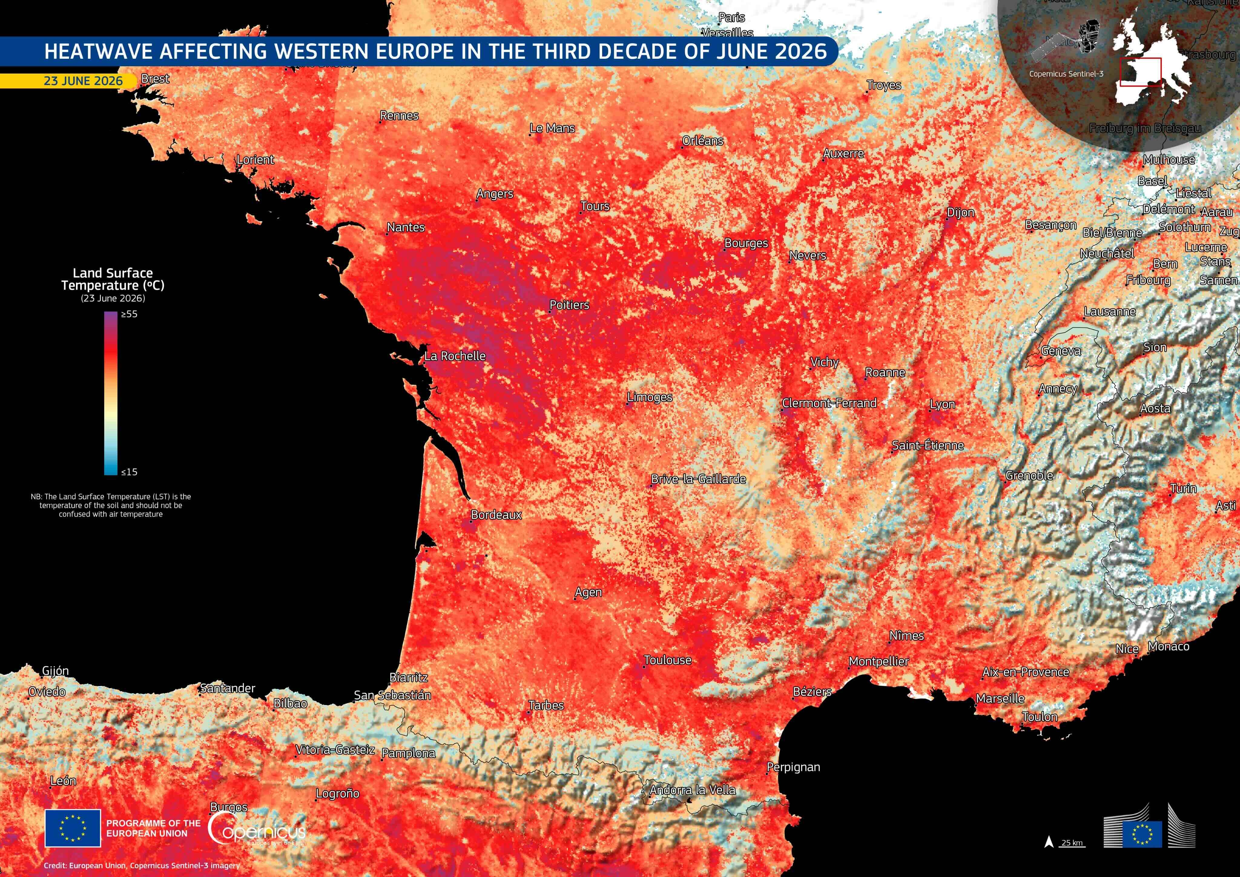 Land Surface Temperature (not air temperature) over France and northern Spain on June 23, 2026. Source: European Union, Copernicus Sentinel-3