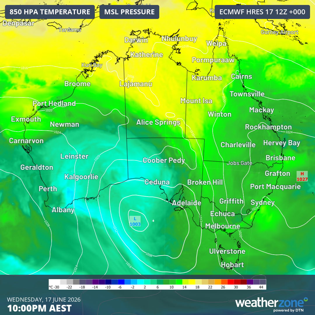 Mean sea level pressure in Australia on Wednesday, June 17, 2026, showing the high pressure system which has dominated SE Australia’s weather all week finally starting to push out into the Tasman Sea. Source: Weatherzone.