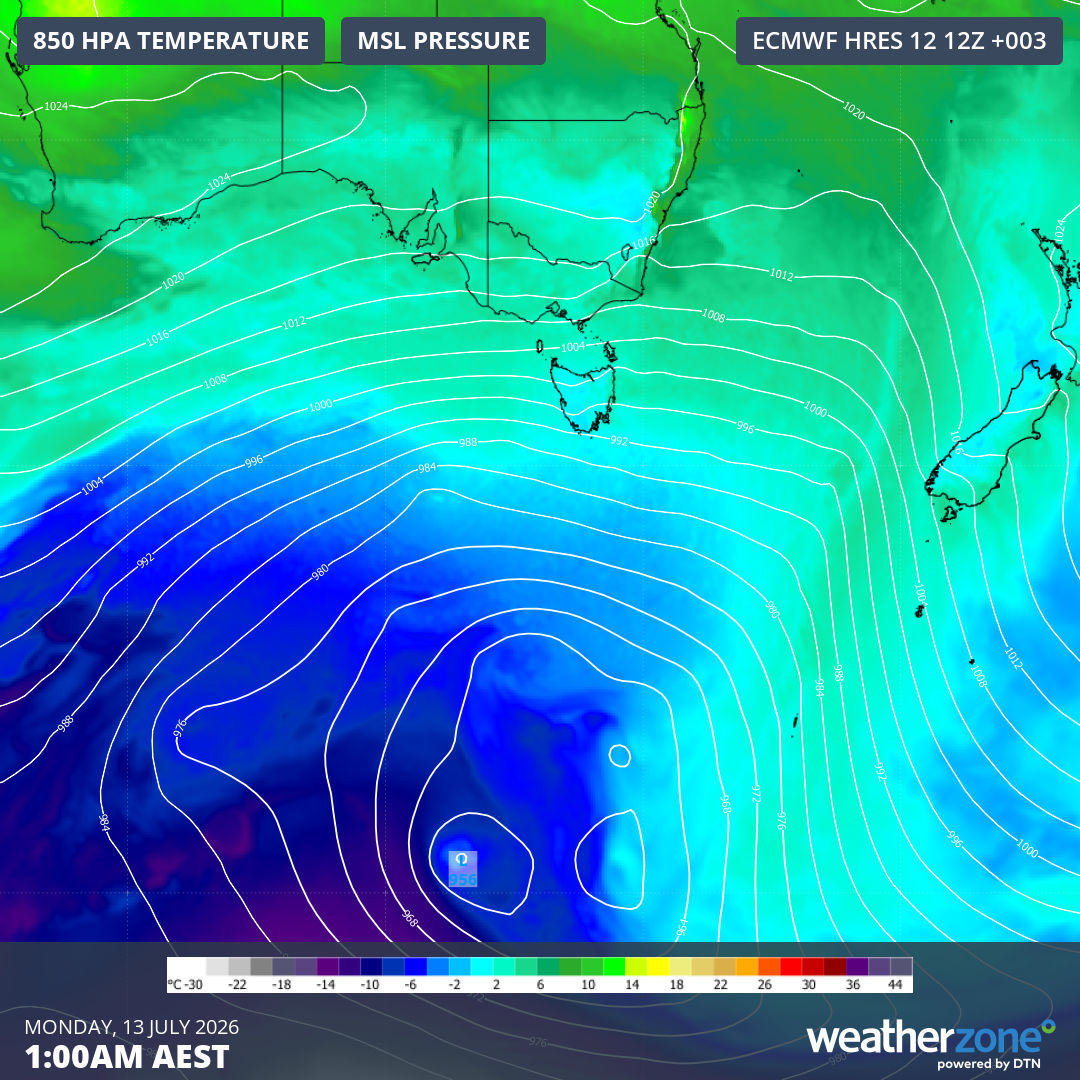 Mean sea level pressure and 850 hPa temperatures, showing the position of the low well south of Australia, at 1 am (AEST) on Monday, July 13, 2026. Source: Weatherzone