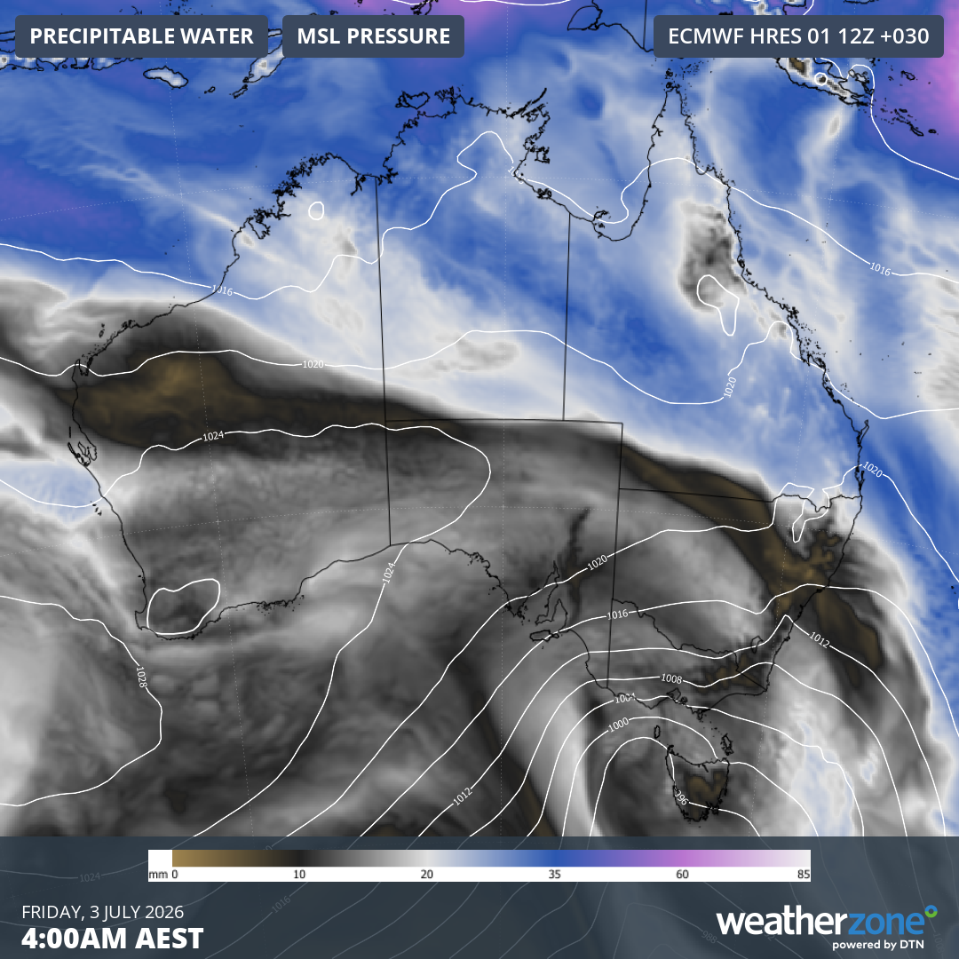 Forecast mean sea level pressure and precipitable water for Australia at 4 am (AEST) on Friday, July 3, 2026, showing the southwesterly flow crossing the southeast corner of country. Source: Weatherzone
