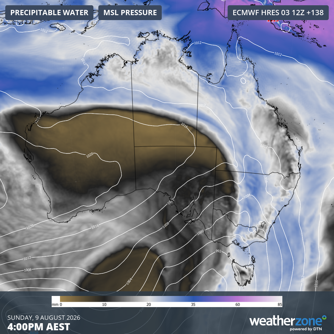 Predicted mean sea level pressure and precipitable water over Australia for 4 pm (AEST) on Sunday, August 9, 2026, according to the ECMWF model. Source: Weatherzone.
