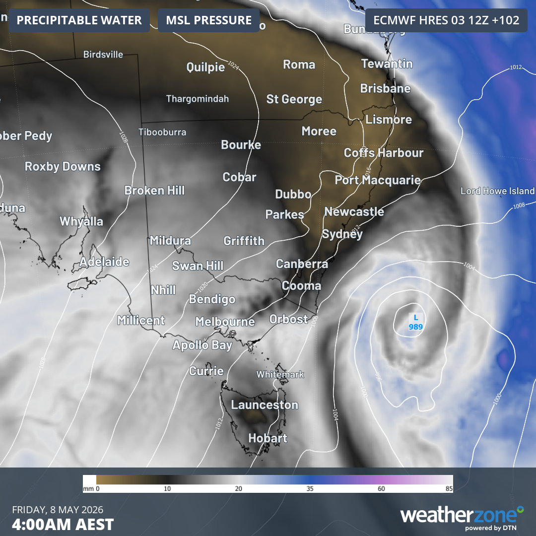 Predicted mean sea level pressure and precipitable water according to the ECMWF model for SE Australia at 4am on Friday, May 8, 2026. Source: Weatherzone