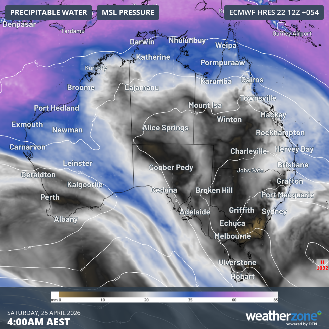 Mean sea level pressure and precipitable water over Australia for Anzac Day this Saturday, April 25, 2026. The atmospheric moisture which could generate showers can be seen off the Queensland coast. Source: Weatherzone