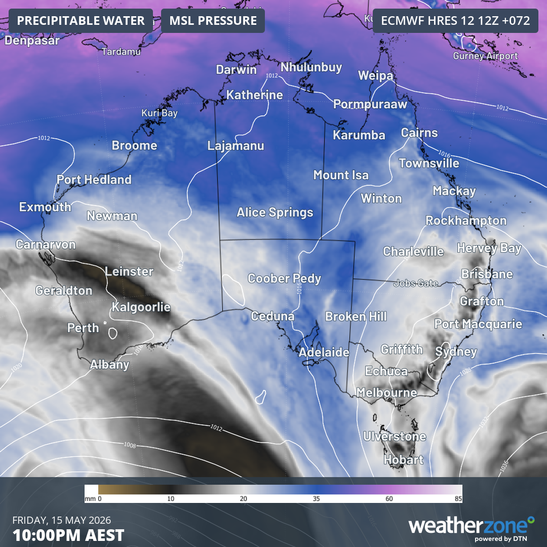 Mean sea level pressure and precipitable water across Australia for this Friday, May 15, 2026, showing the high pressure system centred well southeast of the mainland. Source: Weatherzone