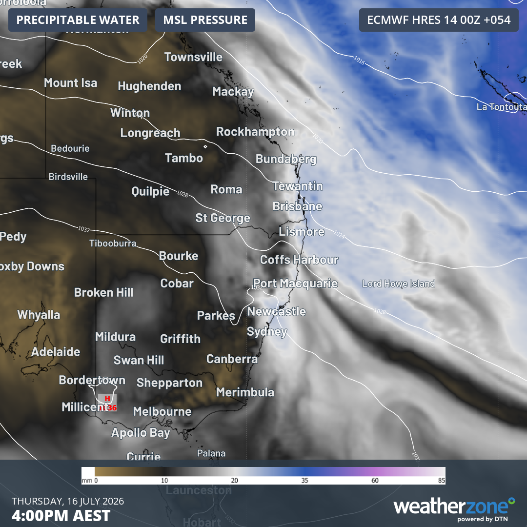 Predicted mean sea level pressure and precipitable water for SE Australia on Thursday, July 16, 2026. Source: Weatherzone