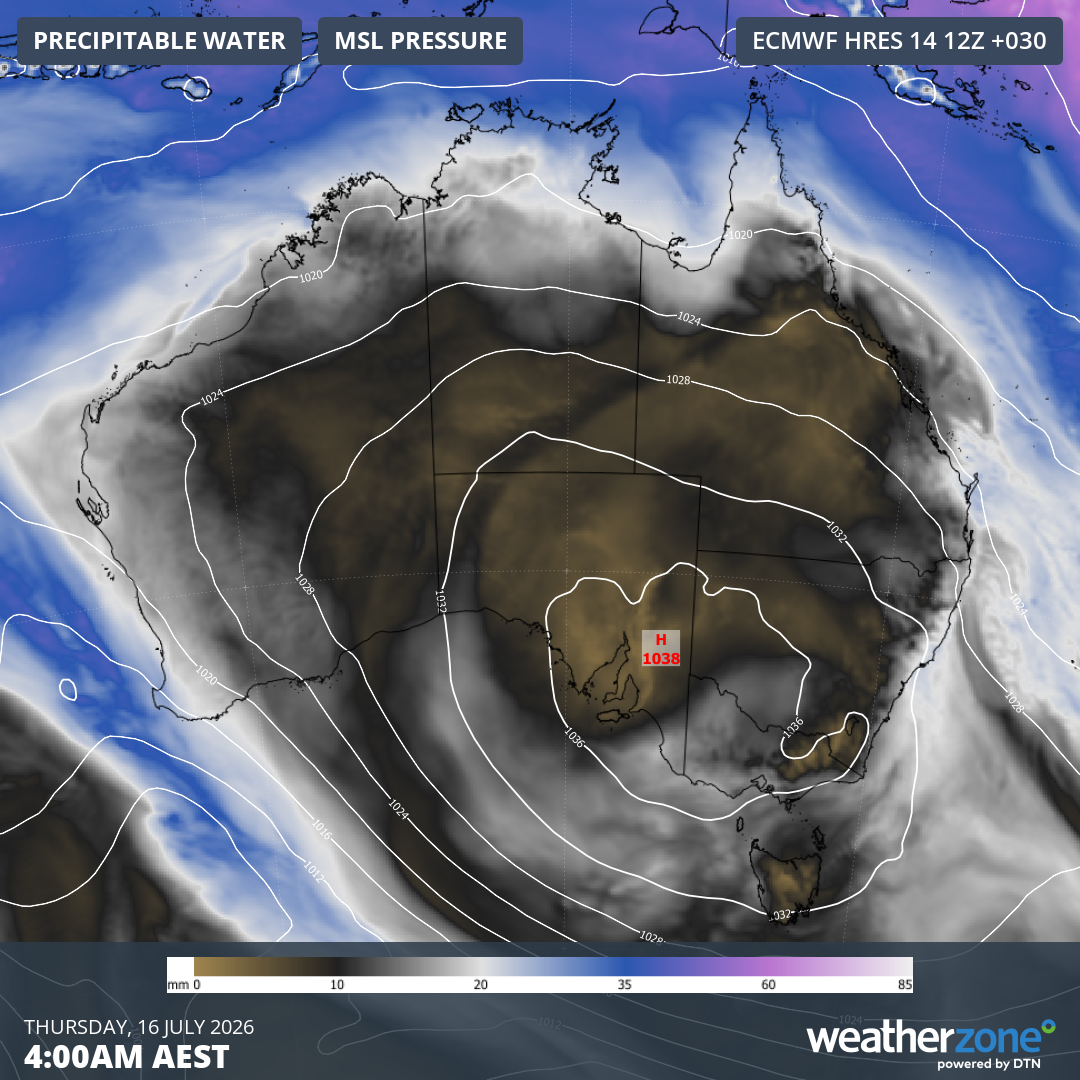 Predicted mean sea level pressure and precipitable water at 4 am on Thursday, July 16, 2026. Source: Weatherzone.