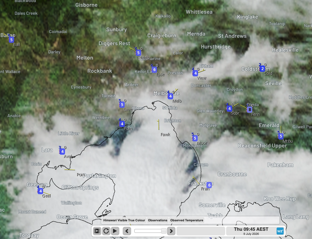 Satellite image with live temperatures at 9:45 am (AEST) on July 9, 2026, across parts of Victoria near Port Phillip Bay, including Melbourne. Source Weatherzone