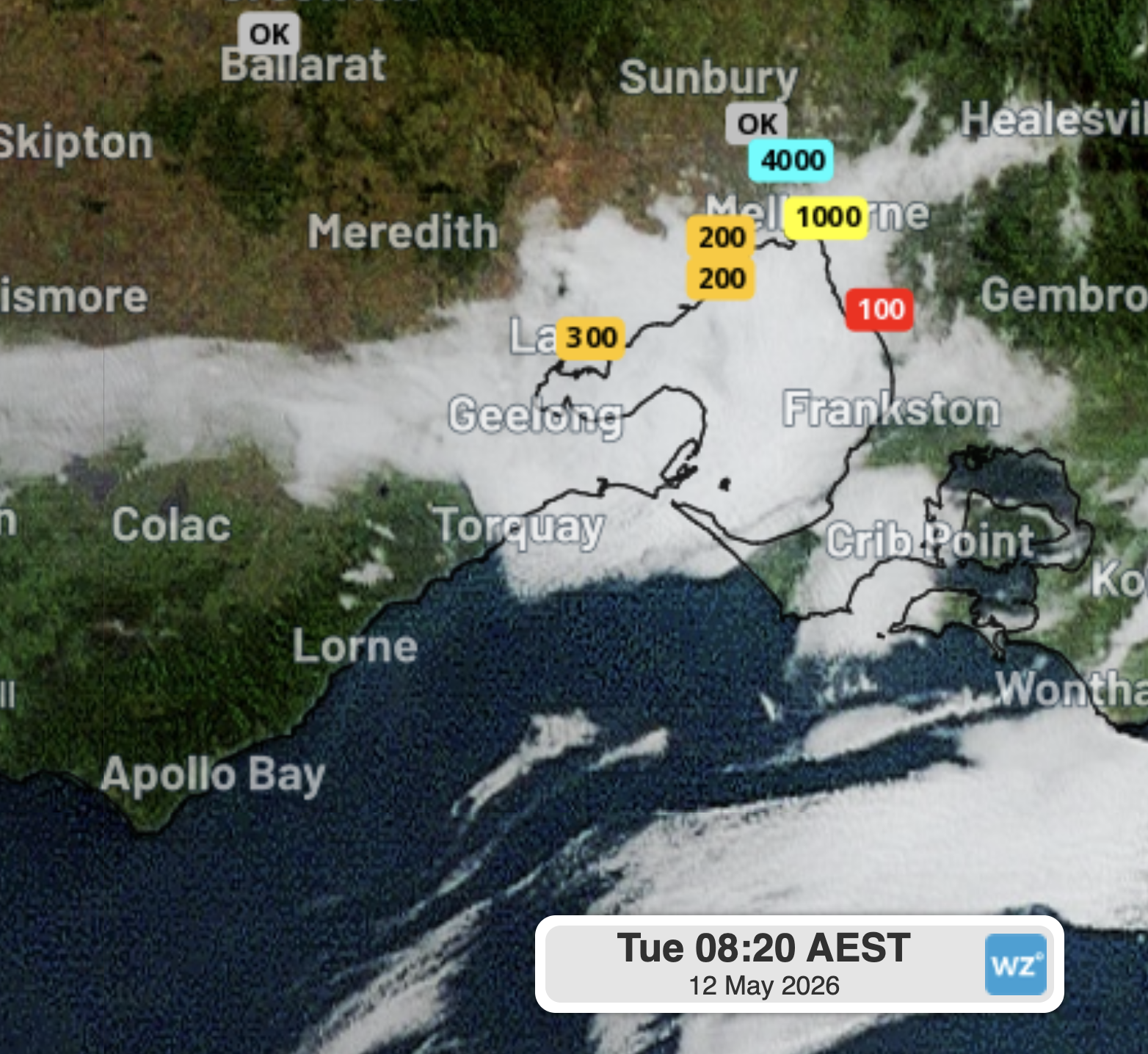 Fog over the Melbourne area with visibility in metres (the coloured numbers) at 8:20am on Tuesday, May 12, 2026. Note less fog in Melbourne’s north, where Melbourne Airport is located. That’s because Port Phillip Bay was a source of moisture that helped fog form. Source: Weatherzone.