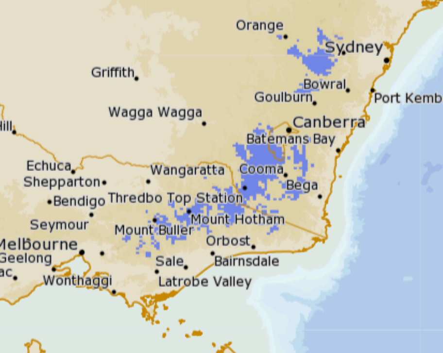 The extent of predicted snowfalls this Thursday. May 5, at 4pm, indicated by purple areas. Source: BoM MetEye