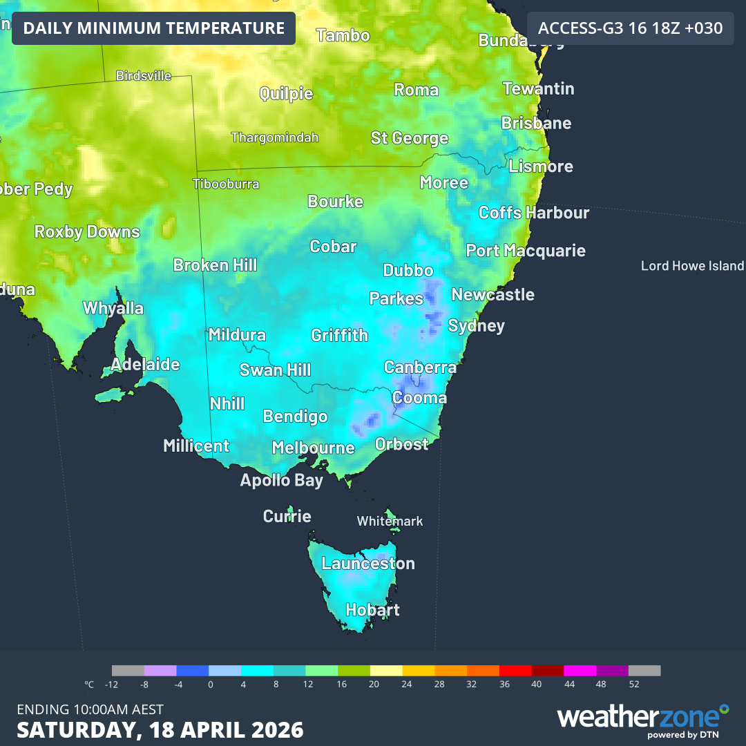 Predicted minimums for SE Australia according to the Access-G model for the morning of Saturday, April 18, 2026. Source: Weatherzone