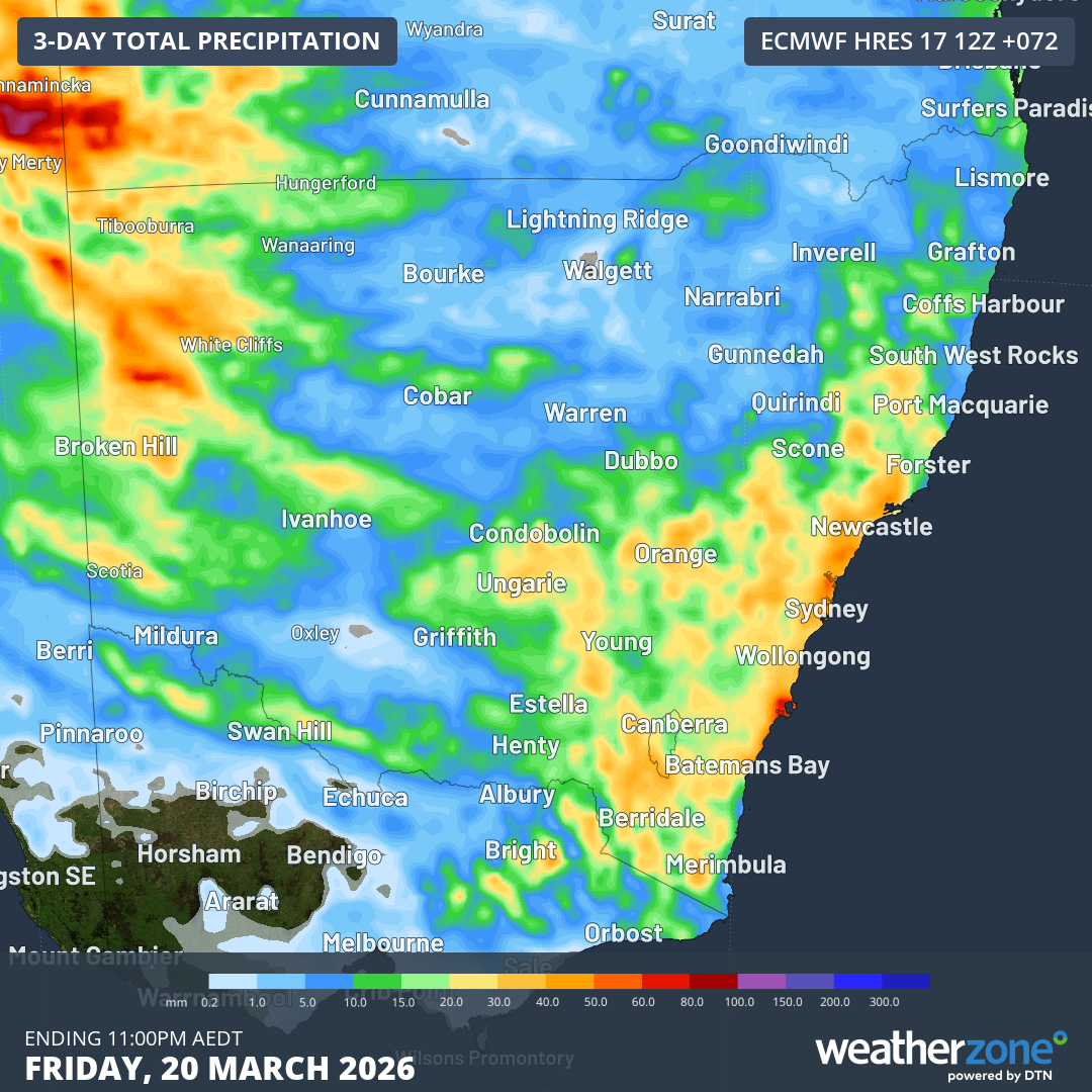 Forecast accumulated rain during the 72 hours ending at 11pm AEST on Friday, March 20, 2026. Source: Weatherzone.
