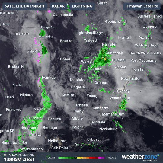 Rainfall across NSW from 1am to 9am (AEST) on Tuesday, May 26, 2026, indicating how central parts of the state received heavy, consistent falls over that period. Source: Weatherzone