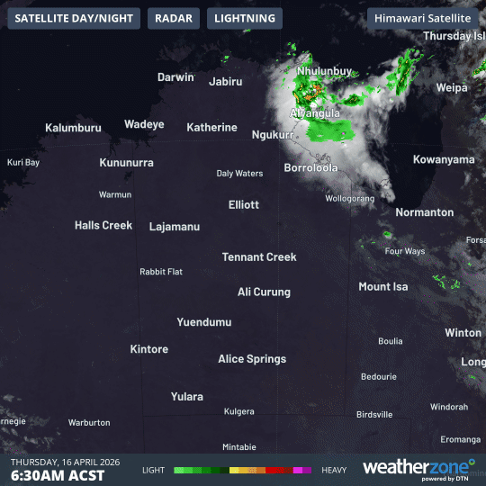Four-hour combined radar and satellite loop over the Northern Territory to 10:30am on Thursday, April 16, 2026. (ACST) Source: Weatherzone