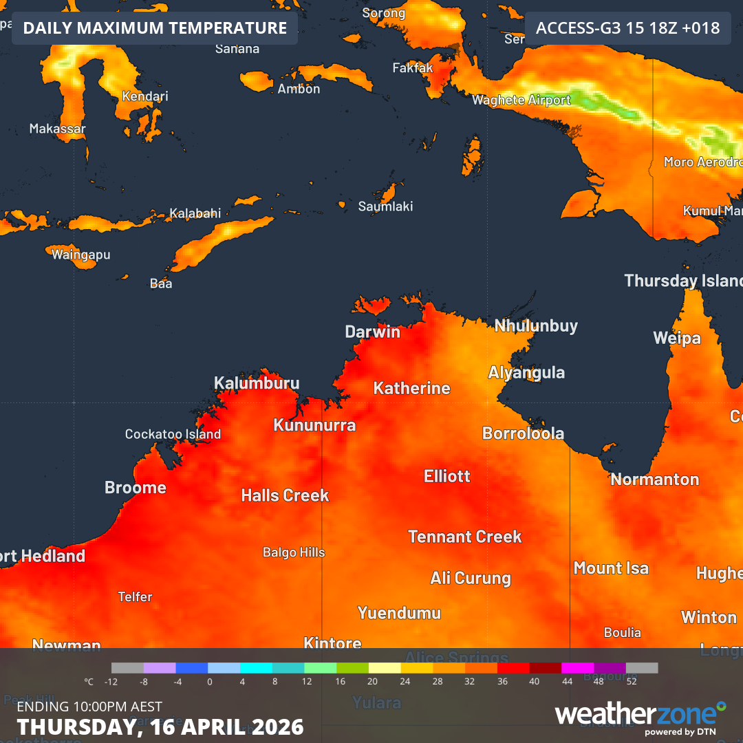 Forecast maximums for Thursday, April 16, 2026, according to the ACCESS-G model, showing the location of Tennant Creek and Katherine in relation to Darwin. Source: Weatherzone