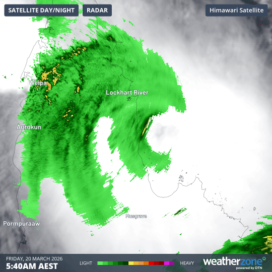 Composite radar and satellite images showing the core of Severe Tropical Cyclone Narelle making landfall in far north Qld on Friday morning. Source: Weatherzone.
